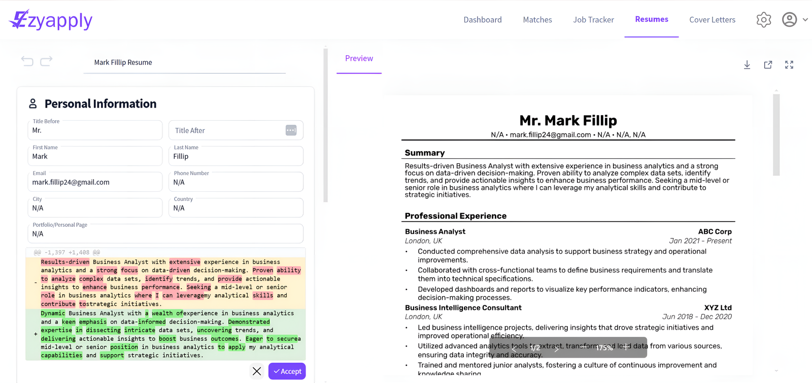 Ezyapply AI creating an initial CV